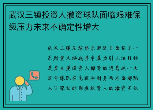 武汉三镇投资人撤资球队面临艰难保级压力未来不确定性增大 武汉三镇投资人撤资球队面临艰难保级压力未来不确定性增大